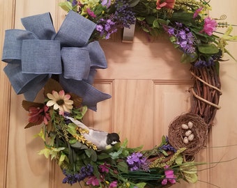 Floral Grapevine Wreath with Bird and Nest