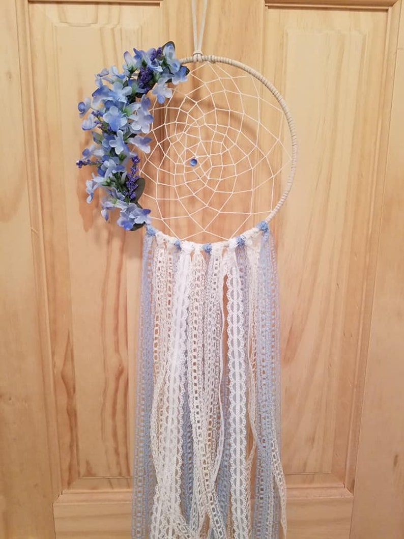 Blue Bohemian Style Dream Catcher with Blue Floral with Ribbon image 1
