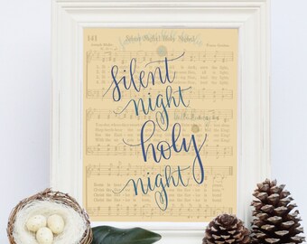 Silent Night Holy Night Christmas Hand Lettered Digital Whimsical Calligraphy, Art Print, Wall Decor, Printable Quote, Handmade, Music