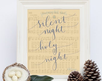 Silent Night Holy Night Christmas Hand Lettered Digital Whimsical Calligraphy, Art Print, Wall Decor, Printable Quote, Handmade, Music