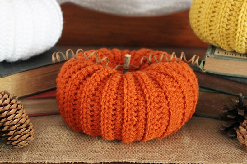 May include: A crocheted orange pumpkin with a wooden stem, sitting on a burlap surface with books and pine cones.