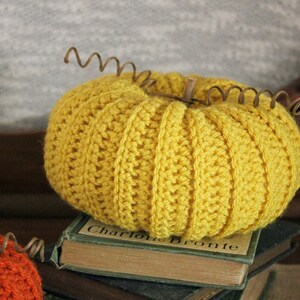 May include: A crocheted yellow pumpkin with a brown stem sits on top of a stack of books. The top book has the text "Charlotte Bronte" printed on the spine.