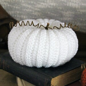 May include: White crocheted pumpkin with a brown twig stem and wire accents. The pumpkin is sitting on top of a stack of old books.