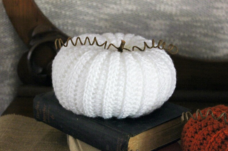 May include: White crocheted pumpkin with a brown twig stem and wire accents. The pumpkin is sitting on top of a stack of old books.