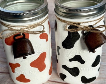 Cow print mason jars/black cow brown cow decor/ farm themed birthday decor/farm animal party decor/mini cow bells/rodeo western farm decor