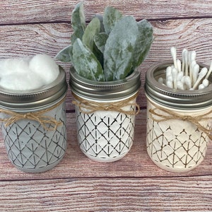 Mason jar bathroom decor/farmhouse bathroom accessories/quilted mason jar decor/mason jar set/mason jar storage/cotton ball holder/q-tip jar