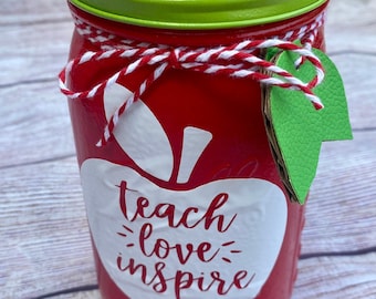 Apple teacher mason jar/ teacher gifts/ teach love inspire/teacher pencil holder/ teacher christmas gifts/ end of school gifts