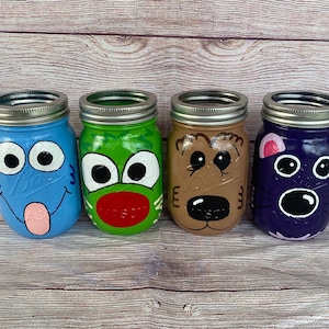 Bear in the Big Blue House/ kids birthday tv show decor/hand painted mason jars/bear puppet decor/party centerpieces/Treelo/Tutter/kid shows
