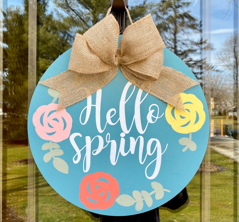 Spring door hanger//hello spring//burlap door hanger//wooden Etsy