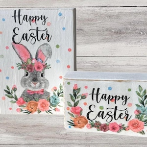Decoupaged set of 2 Easter wooden blocks/Happy Easter mantle decor/Easter themed tier tray items/easter bunny decor/bunny with spring flower