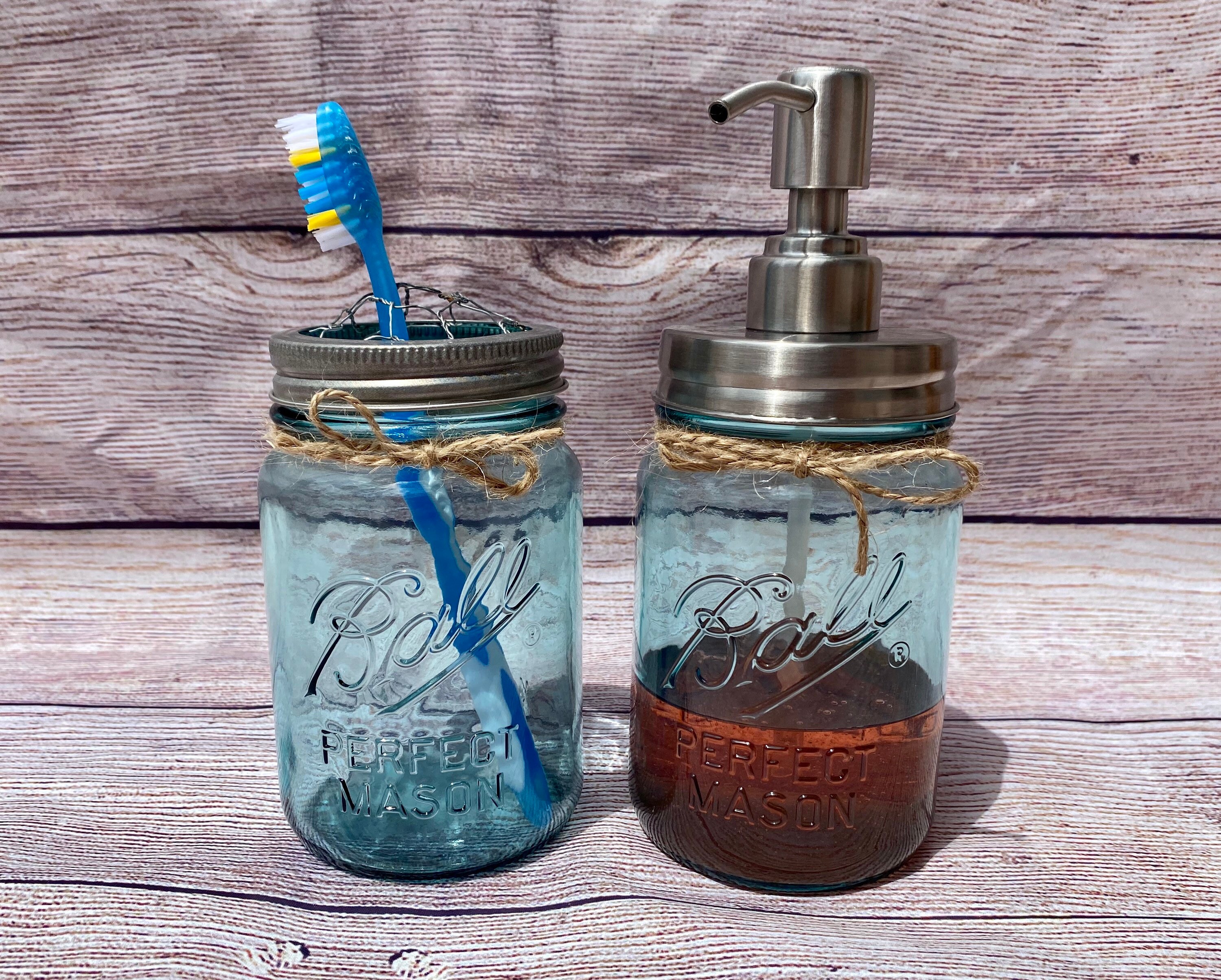 Mason jar bathroom set/ clear aqua vintage mason jars/ jar Etsy