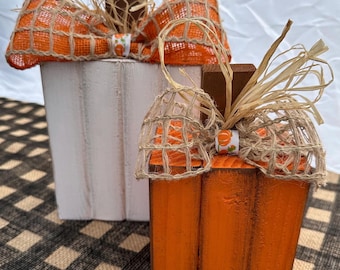 Wood block pumpkins/fall mantle decor/distressed farmhouse pumpkins/pumpkin fall centerpieces/chunky wooden painted pumpkins/farmhouse fall