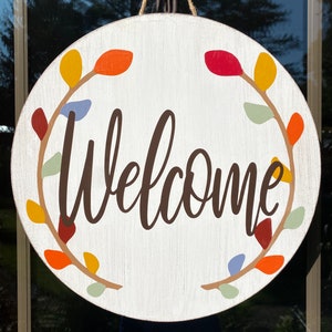 Fall wooden door hanger//fall decor//hello door sign//Fall door hanger//round wooden door wreath//hello fall//happy fall yall//door decor image 2