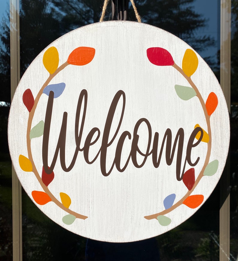 Fall wooden door hanger//fall decor//hello door sign//Fall door hanger//round wooden door wreath//hello fall//happy fall yall//door decor image 2