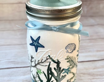 Mason jar tissue holder/ocean starfish bathroom decor/kids under the sea shark ocean bathroom/handmade tissue dispenser/mason jar bathroom