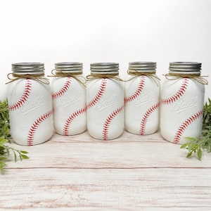 Baseball decoupaged mason jar centerpieces/Sport themed mason jars/baseball stitching red/baseball party decor supplies/Rookie of the Year 1