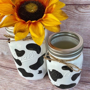 Cow print mason jars/black cow brown cow decor/farm themed birthday/farm animal party/decoupage/first rodeo birthday/ain’t my first rodeo