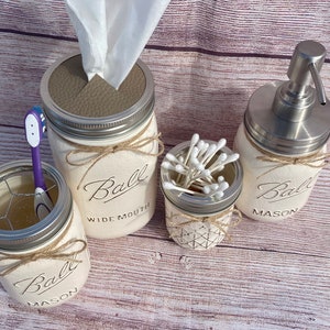 Mason Jar bathroom decor/bathroom decor/mason jar decor/soap dispenser/mason jar bathroom set/q-tip holder/farmhouse bathroom/toothbrush jar