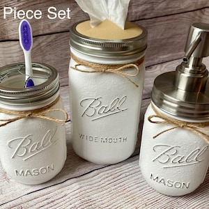 Mason Jar bathroom set//bathroom mason jars//mason jar decor// soap dispenser//mason jar bathroom decor//kitchen soap holder//q-tip holder