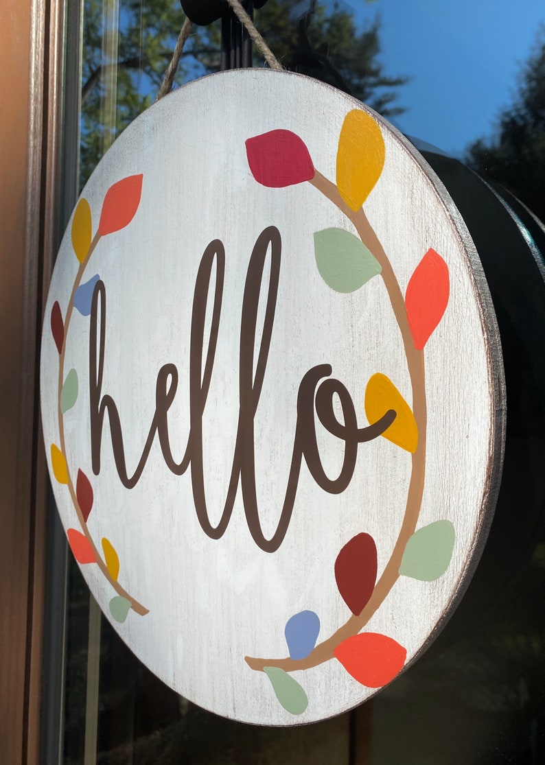 Fall wooden door hanger//fall decor//hello door sign//Fall door hanger//round wooden door wreath//hello fall//happy fall yall//door decor image 4