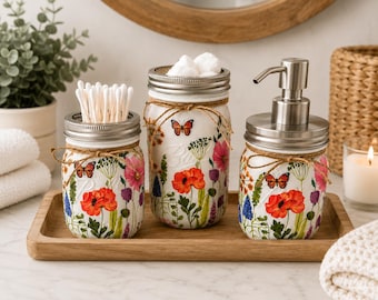 Mason Jar bathroom set/bathroom mason jars/kleenex holder/soap dispenser/mason jar bathroom decor/toothbrush holder/qtip jar/bathroom accent