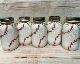 Baseball decoupaged mason jar centerpieces/Sport themed mason jars/baseball stitching red/baseball party decor supplies/Rookie of the Year 1