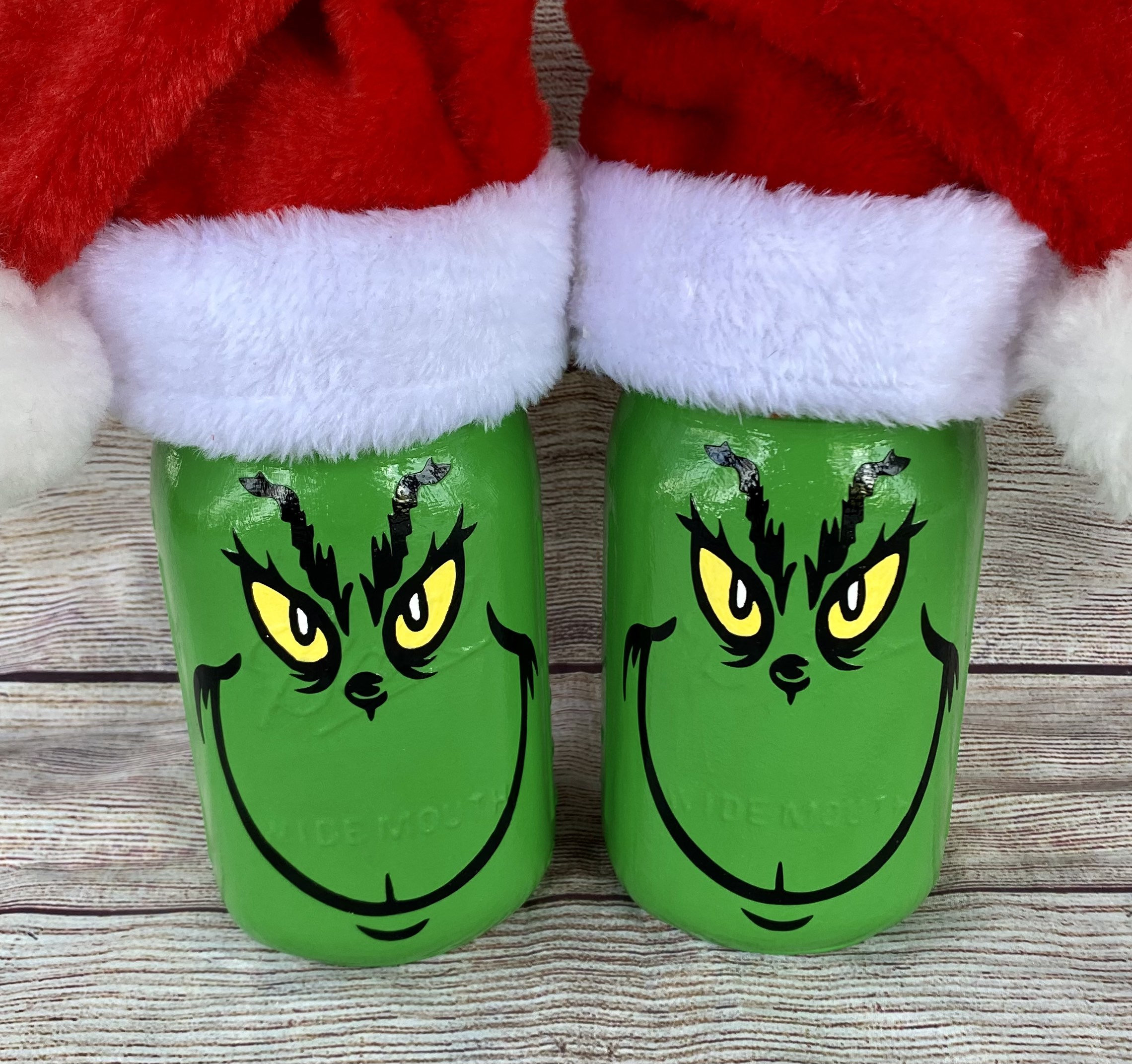 Christmas Mason Jars/Handmade Decor/The Grinch/Grinch Mason Jar/Grinch Smirk Face/Grinch With Santa Hat/Whoville Gift/Grinch Movie