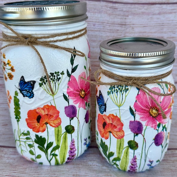 Decoupage mason jars/Wildflowers and butterflies/decoupaged jars/Mother’s Day gifts/painted mason jars/decorated mason jar