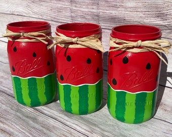 Watermelon mason jar/summertime mason jars/mason jar centerpiece/one in a melon first birthday/summer party decor/fruit mason jars/melon dec