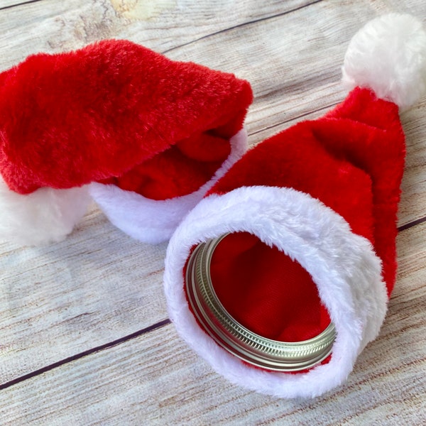 Mason jar Santa hats/ Mason jar Christmas gifts/ small Santa hats/ handmade Christmas hats/ plush Santa hats