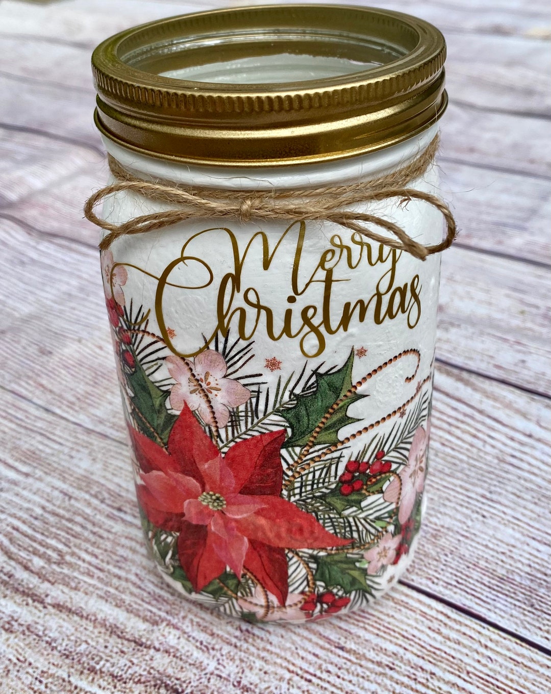 Tarro de decoupage de Feliz Navidad / tarros de cristal decoupage / regalos  de Navidad para ella / decoración de flor de Pascua / flores de Navidad de  ..., image size:1080x1361