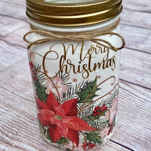 Merry Christmas Decoupage jar/decoupaged mason jars/Christmas gifts for her/ poinsettia decor/poinsettia Christmas flowers/Christmas party