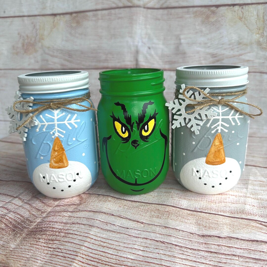 Snowman Mason Jar/handmade Holiday Jars/snowman Decor/grinch Gifts