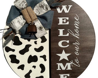 Cow print door hanger/Welcome to our home y'all/Howdy door hanger/Western door hanger/Cowhide door sign/Farm animal door hanger/Heifers