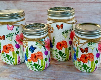 Decoupage mason jars/Wildflowers and butterflies/decoupage/flower vases/painted mason jars/decorated mason jar/gifts for mom handmade/glass