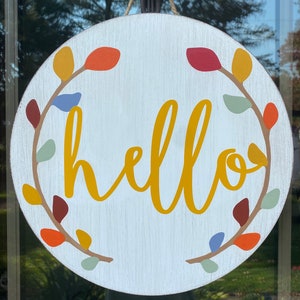 Fall wooden door hanger//fall decor//hello door sign//Fall door hanger//round wooden door wreath//hello fall//happy fall yall//door decor image 3