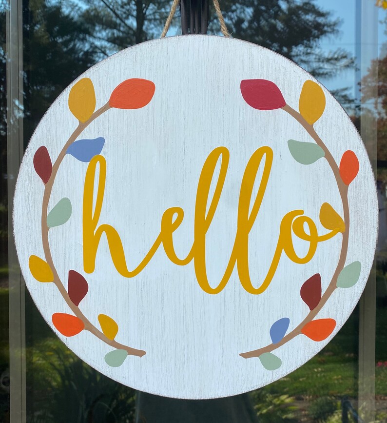 Fall wooden door hanger//fall decor//hello door sign//Fall door hanger//round wooden door wreath//hello fall//happy fall yall//door decor image 3