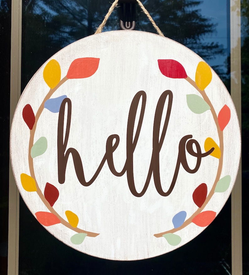 Fall wooden door hanger//fall decor//hello door sign//Fall door hanger//round wooden door wreath//hello fall//happy fall yall//door decor image 1