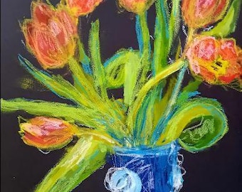 Red Tulips Black Background  Original Painting  Laurie Fox Pessemier