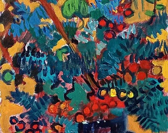 Red Berries on Orange background   Original acylic painting by Laurie Fox Pessemier 