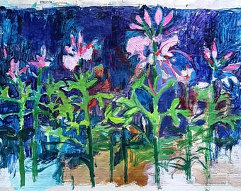 Pink Allium on newsprint  background. Original acrylic painting Laurie Fox Pessemier