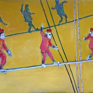 May include: A painting of four figures on a tightrope. Three figures are dressed in red and black, and one figure is a silhouette in the background. The figures are walking on a white tightrope against a yellow background.