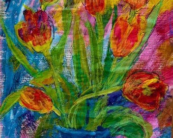 Red Tulips  painting on paper Laurie Fox Pessemier