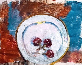 Cherries on a White Dish   Original painting on paper by Laurie Fox Pessemier