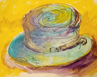 Farmer's old hat, an original painting on paper by Laurie Fox Pessemier