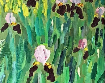 Germanica Iris with sunlit field behind--an acrylic painting by Blair Pessemier