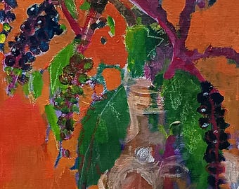 Purple and Green Berries on Tomato Soup background   Original acylic painting by Laurie Fox Pessemier 