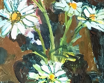 Bunch of daisies in a glass vase--an acrylic painting by Laurie Fox Pessemier