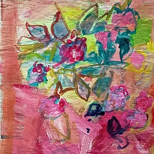 Rosa sobre fondo rosa. Pintura original de Laurie Fox Pessemier.