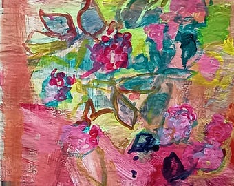 Rose on rose-colored  background. Original painting Laurie Fox Pessemier
